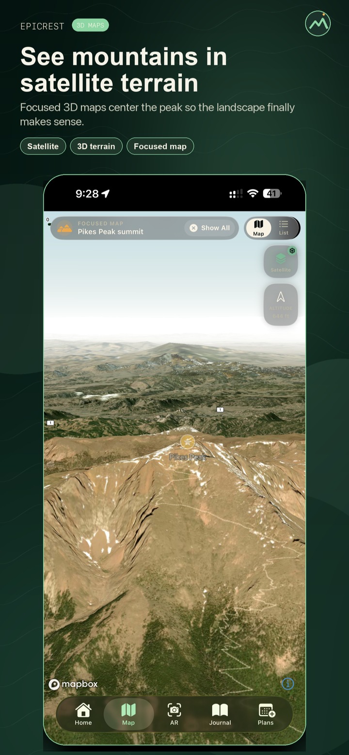 Epicrest 3D satellite terrain map showing real elevation, trails, and outdoor places