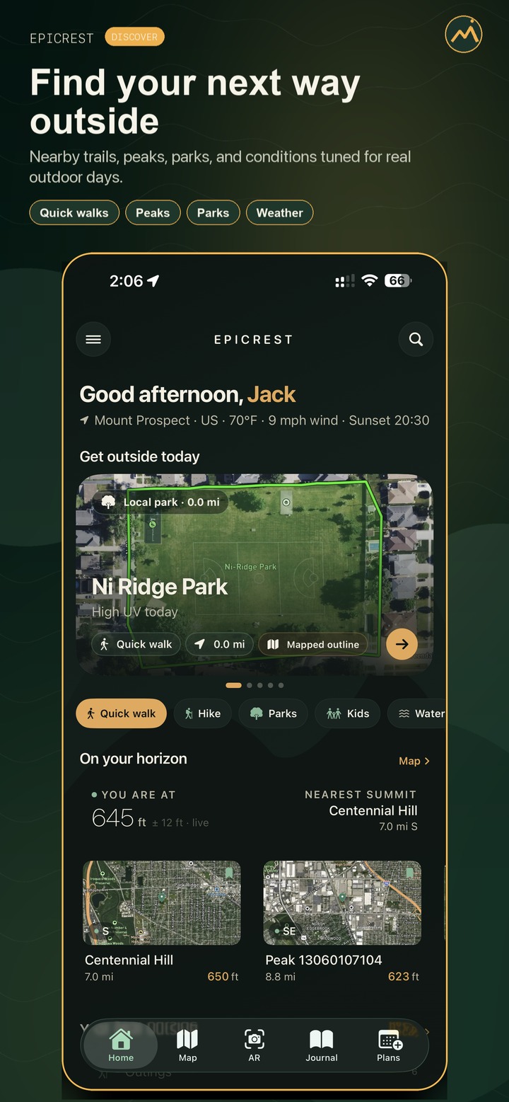 Epicrest home screen recommending nearby parks, trails, peaks, lakes, and routes to get outside today