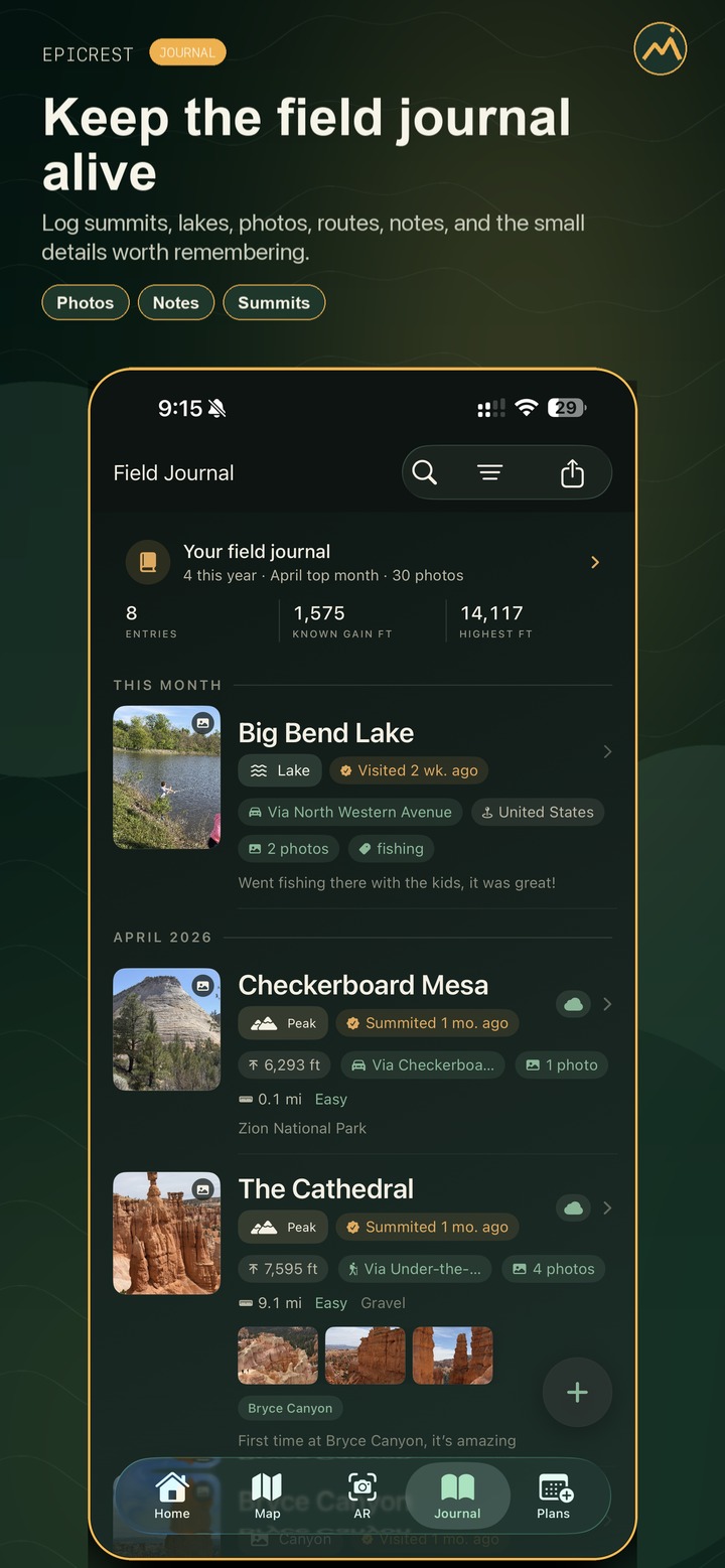 Epicrest private field journal with outdoor entries, notes, routes, and photos.