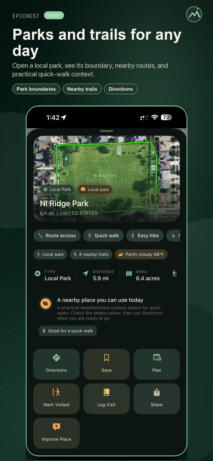 Epicrest map of nearby parks, trails, and outdoor places for any day