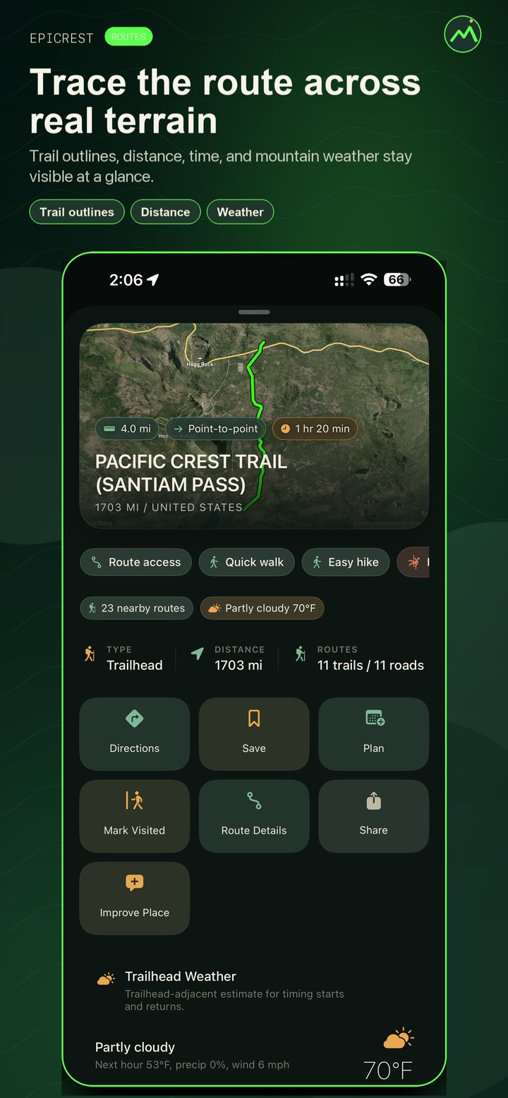 Epicrest route detail showing distance, elevation gain, surface, and terrain context.