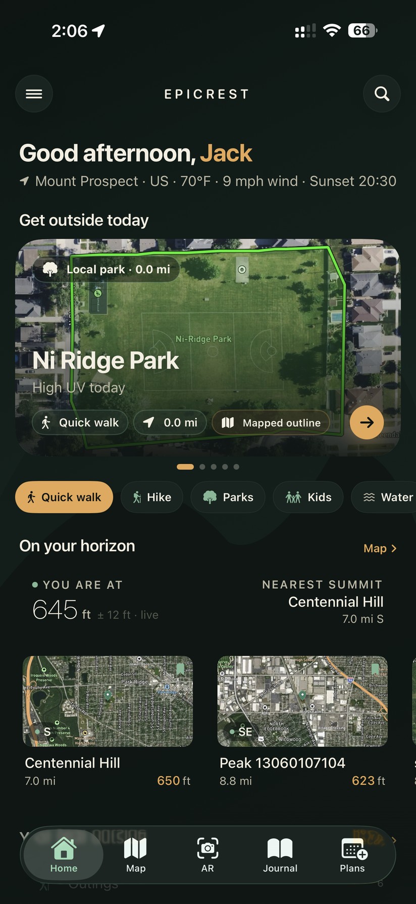 Epicrest home screen in dark mode