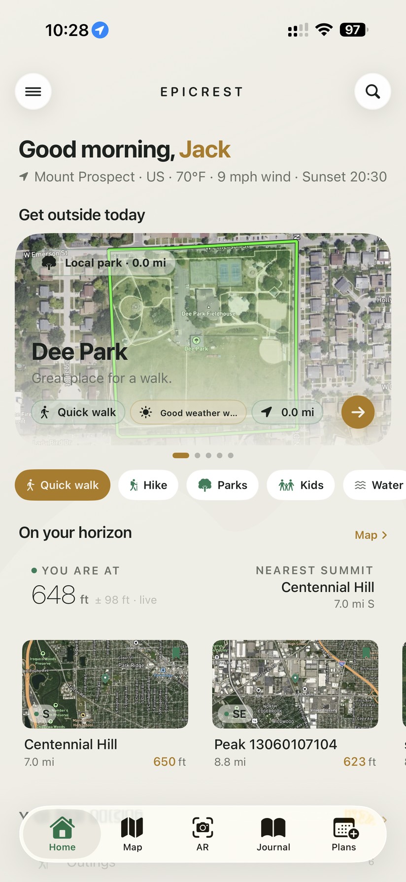 Epicrest home screen in light mode